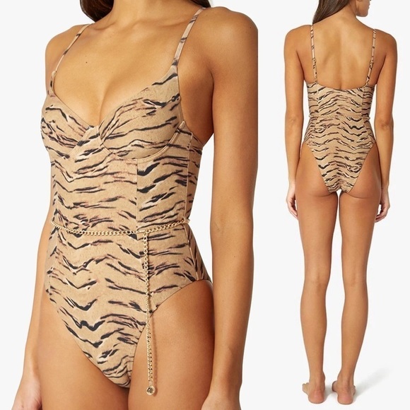 WeWoreWhat Danielle One Piece Swimsuit Tiger Print Tan XS NWT - Picture 3 of 12